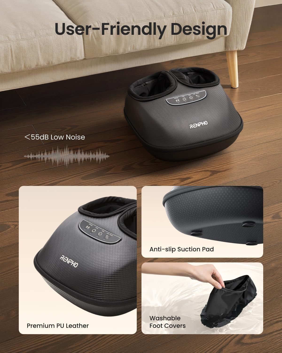 Gebruiksvriendelijke voetmassager met laag geluidsniveau, premium PU-leer en wasbare hoezen.