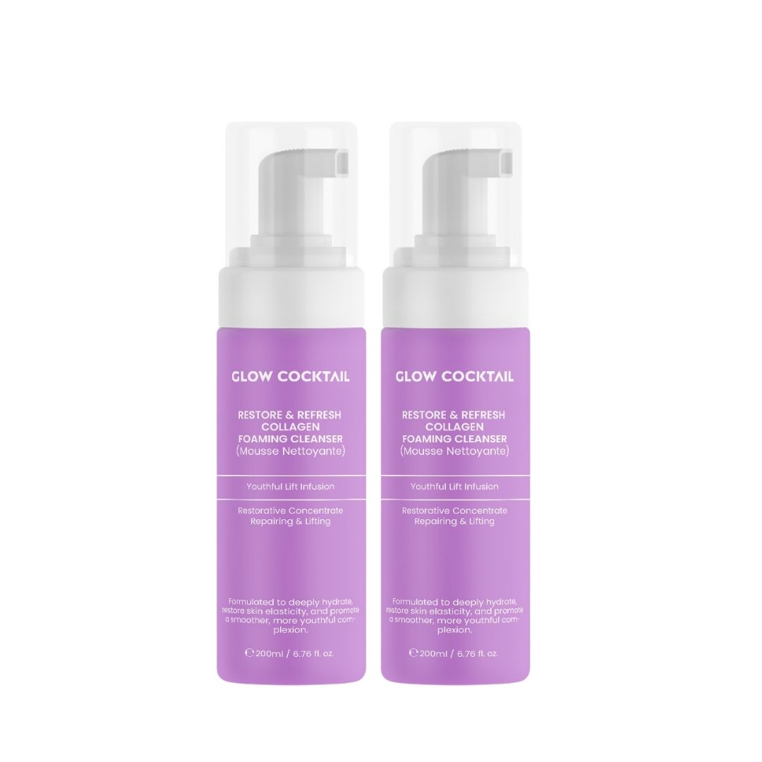 Twee paarse flessen met witte pomp. Opschrift: Glow Cocktail, Restore & Refresh Collagen Foaming Cleanser.