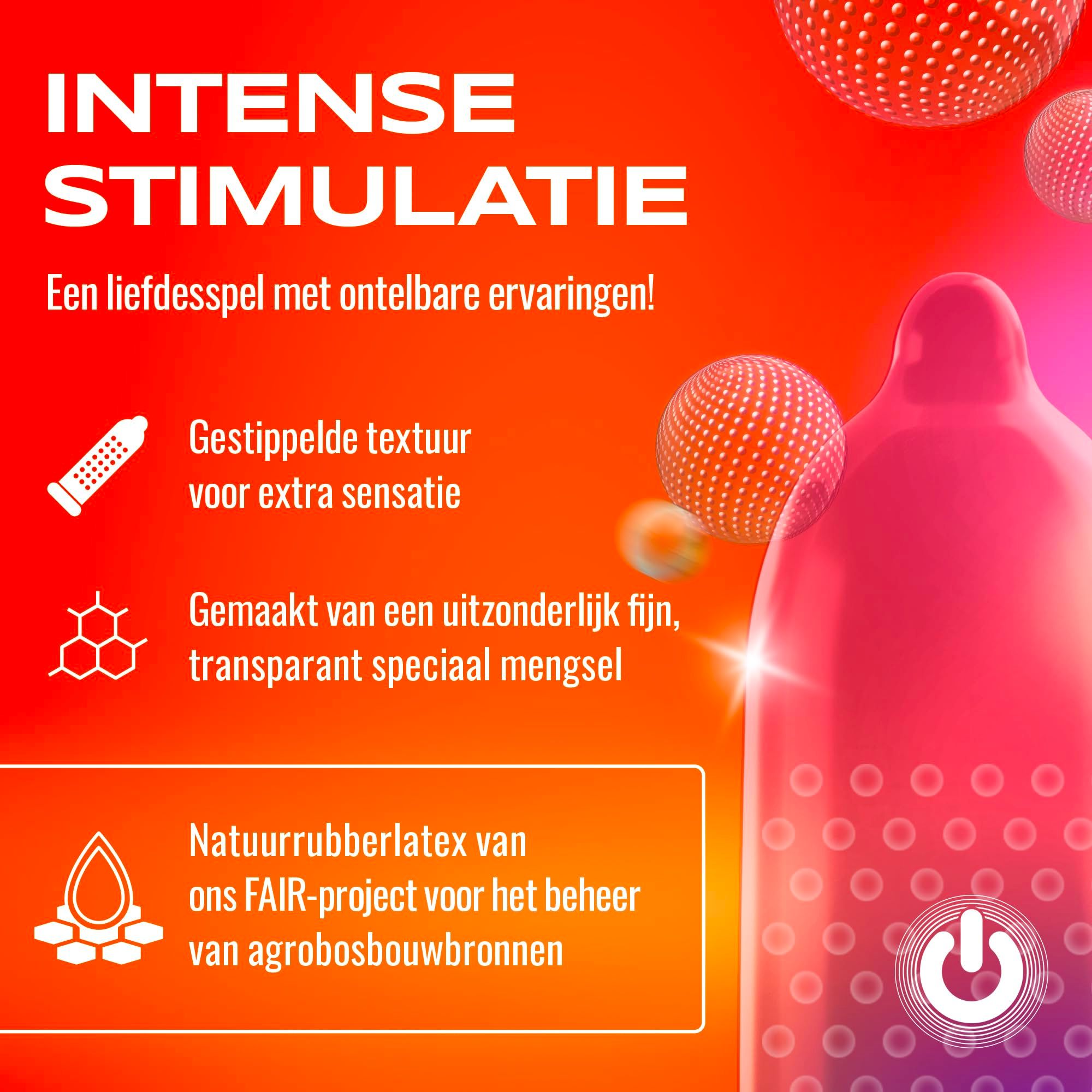 ON) Condoom, gestippelde textuur voor extra sensatie, speciaal transparant mengsel.