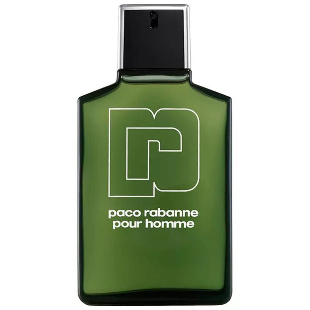 Flacon vert avec bouchon noir, logo et texte blancs. Le flacon porte l'inscription "paco rabanne pour homme".