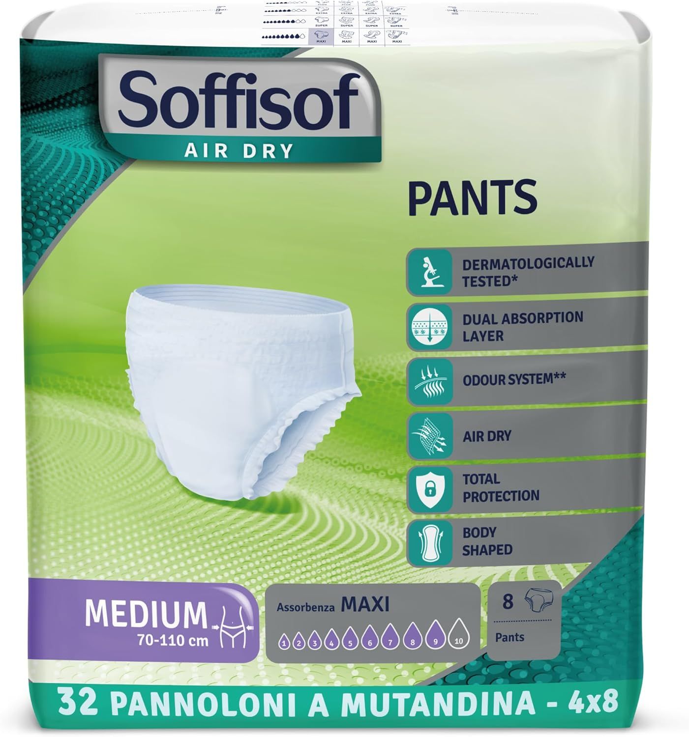 Soffisof Pants Maxi incontinentiebroekje. Wit broekje in verpakking. Maat Medium, 70-110 cm. 8 stuks.