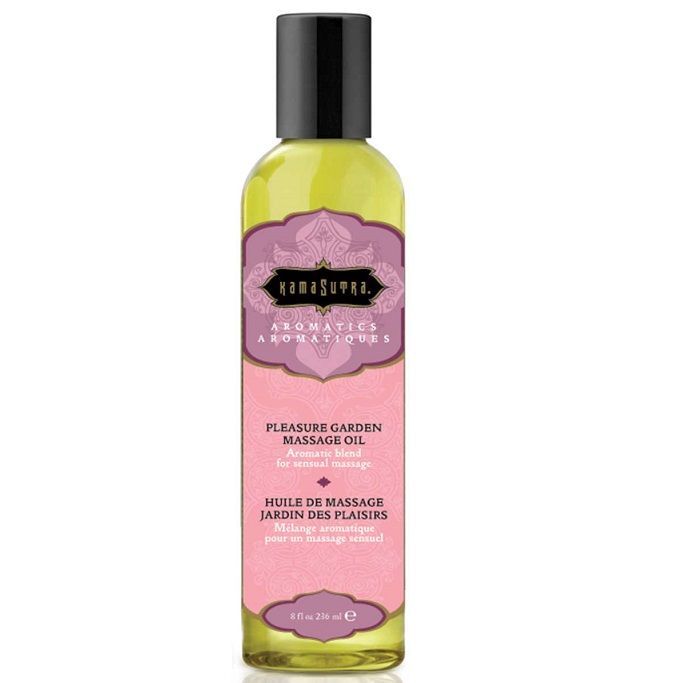 Bouteille d'huile de massage Kamasutra Pleasure Garden, mélange aromatique pour massage sensuel.