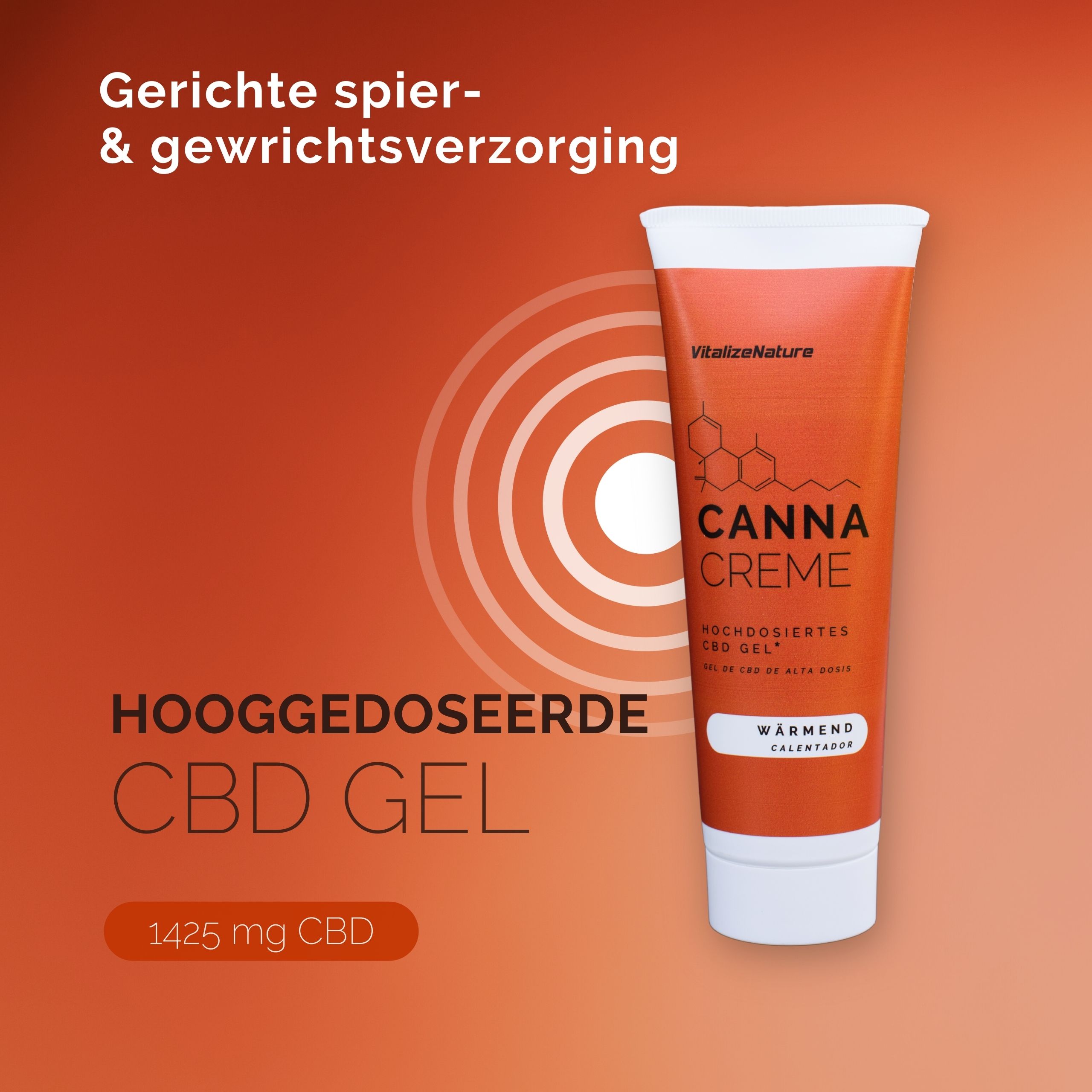 Canna Creme tube. Tekst: Canna Creme, hochdosiertes CBD Gel, wärmend.