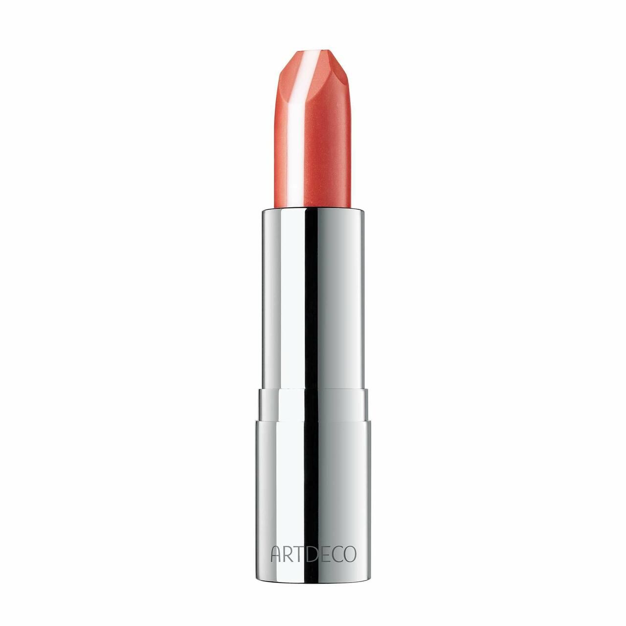 Roze-oranje lipstick met witte streep in het midden. Zilverkleurige huls. Merknaam ARTDECO zichtbaar.