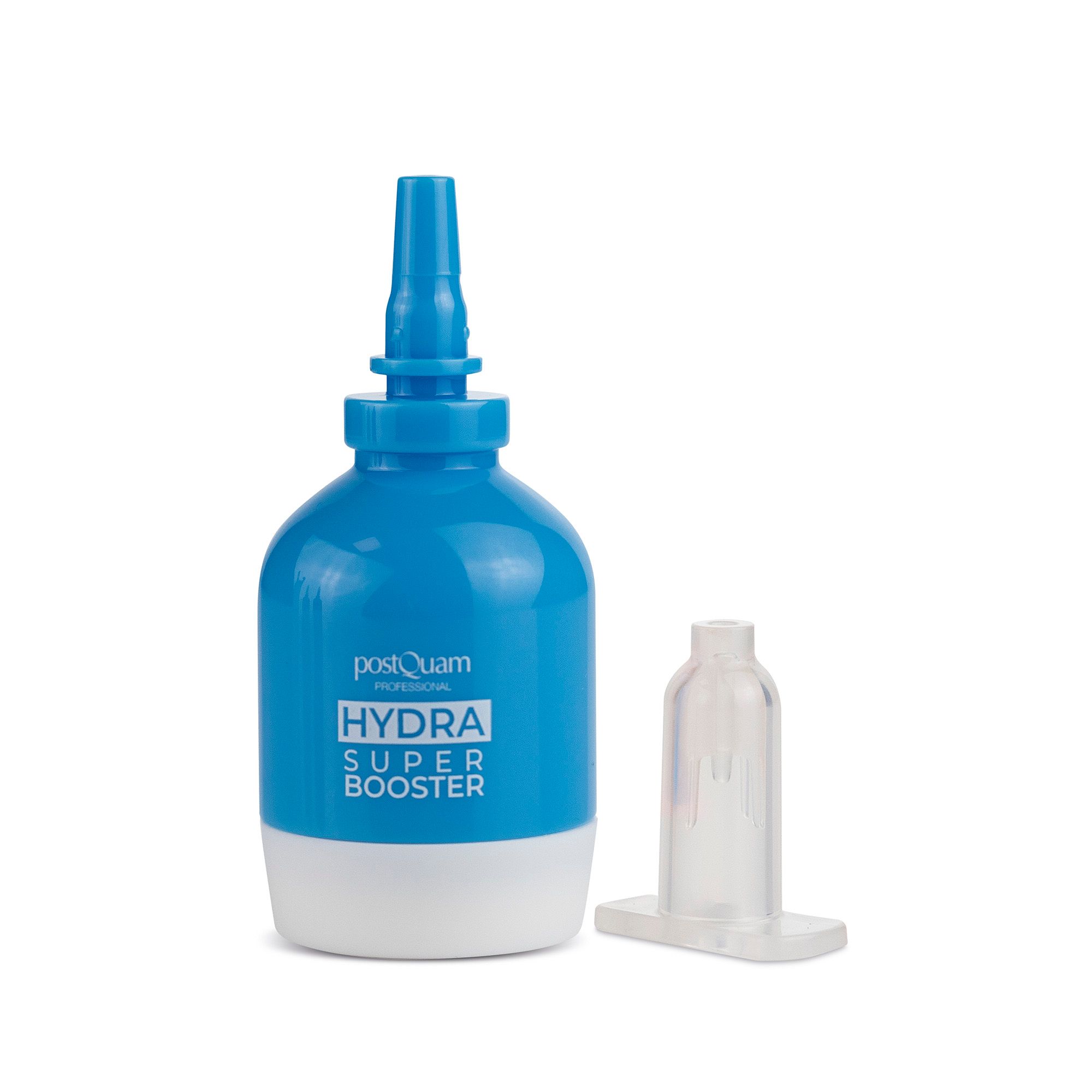 Blauw-witte fles met opzetstuk en los transparant opzetstuk. Opschrift: PostQuam HYDRA SUPER BOOSTER.