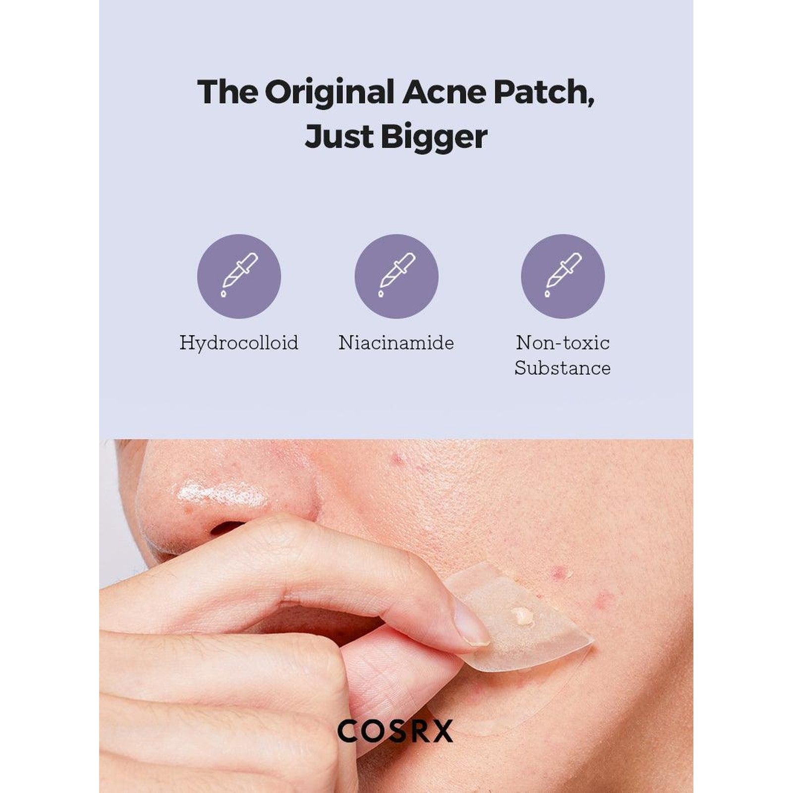 Personne appliquant un patch COSRX Clear Fit Master sur un bouton. Hydrocolloïde, Niacinamide, substance non toxique.
