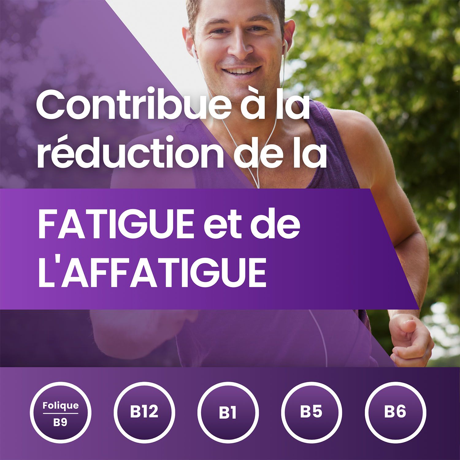 Man aan het joggen. Tekst: 'Contribue à la réduction de la fatigue'. Paarse cirkels met vitaminen.