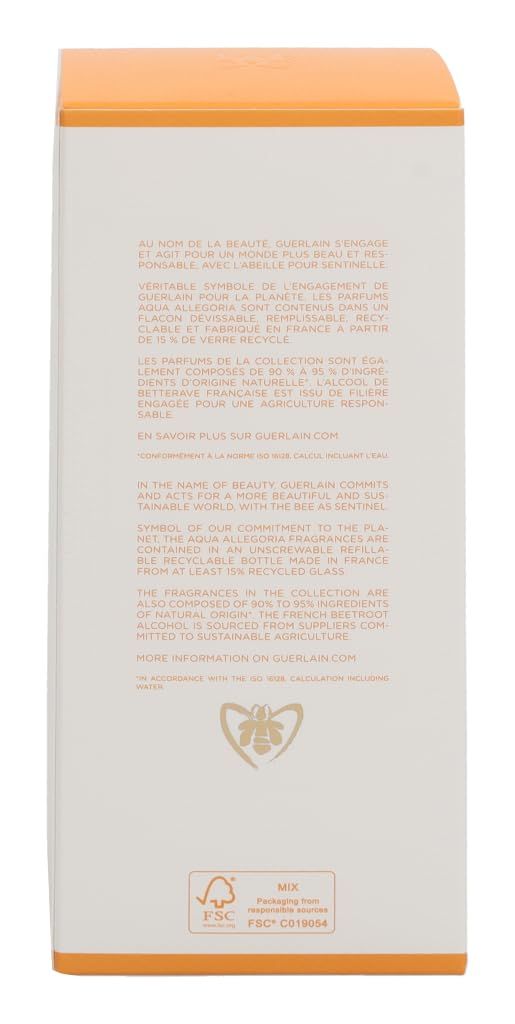 Verpakking. Opschrift: Guerlain, Aqua Allegoria. Tekst over duurzaamheid en ingrediënten. FSC-label.