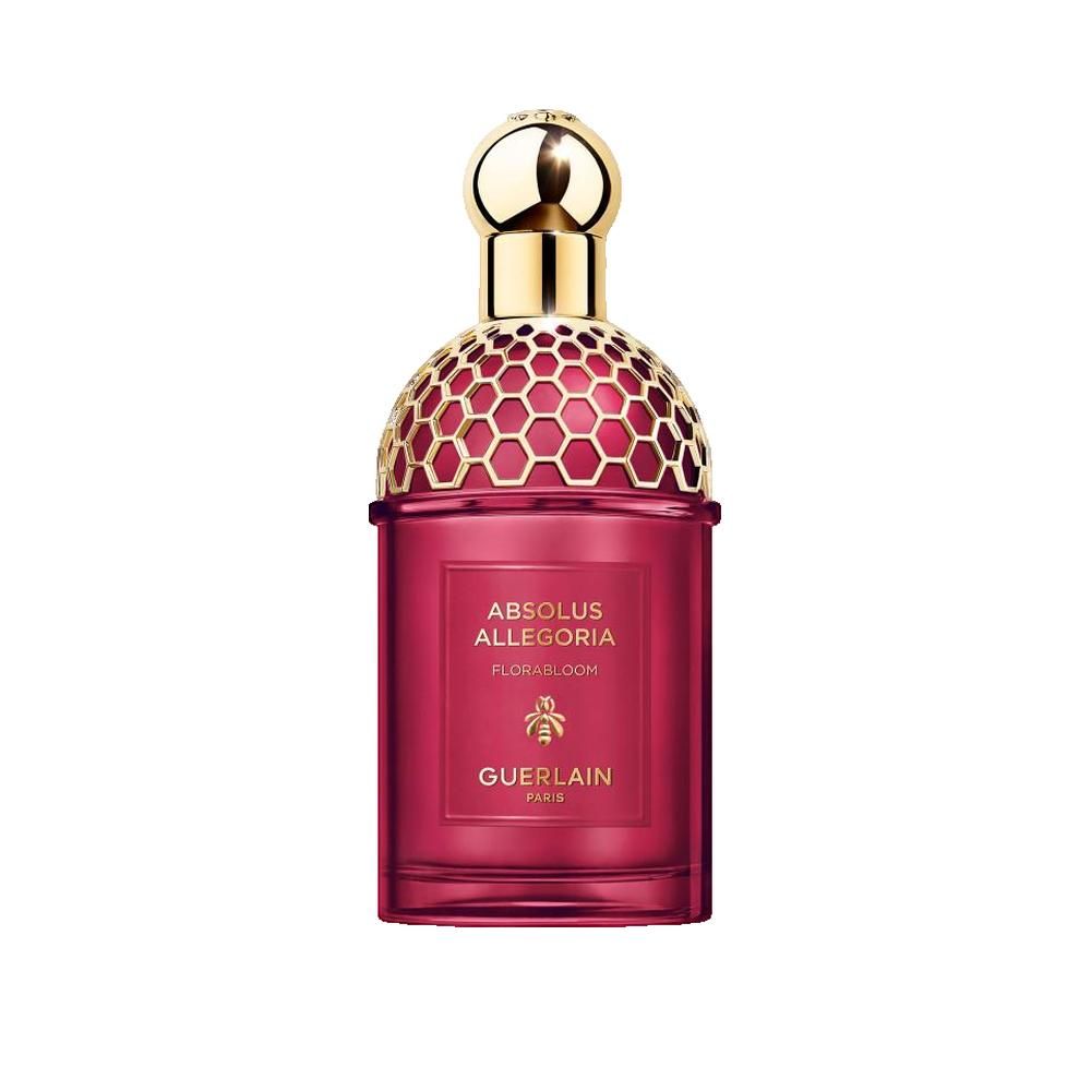 Rode flacon met gouden dop. Opschrift: Absolus Allegoria Florabloom, Guerlain Paris. Bijenlogo.