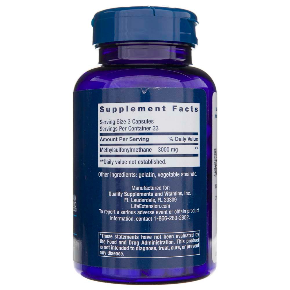 Dos de la bouteille Life Extension MSM 1000 mg avec faits nutritionnels et informations du fabricant.