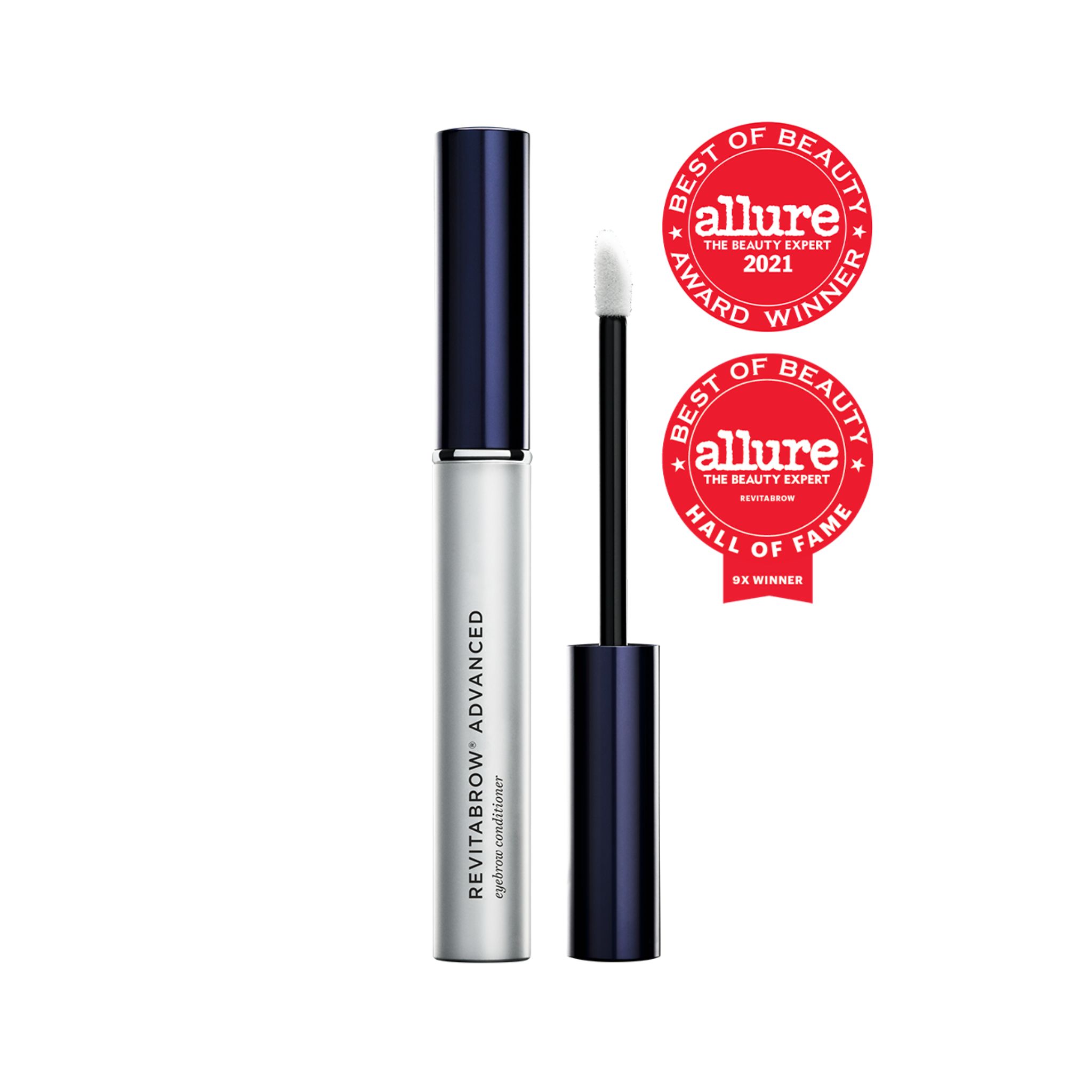Twee "Best of Beauty" awards naast een tube en applicator. Tube met blauwe dop, zilveren body en productnaam.