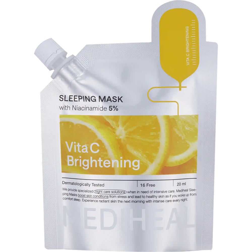Emballage du masque de nuit MEDIHEAL Vita C Brightening. Sachet avec accent jaune. Texte : Sleeping Mask, Vita C Brightening.