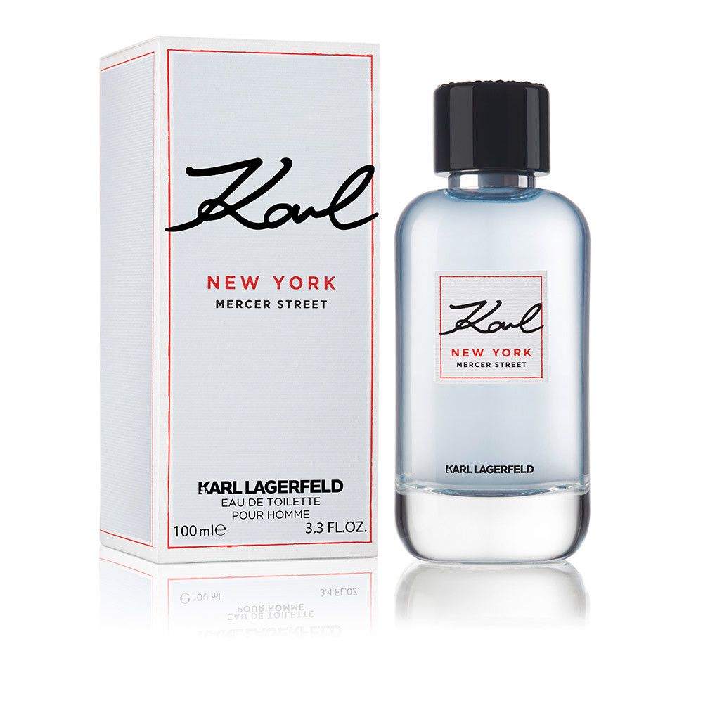 Spray Karl Lagerfeld Eau de Toilette 100ml avec emballage. Étiquette : 'Karl New York Mercer Street'.