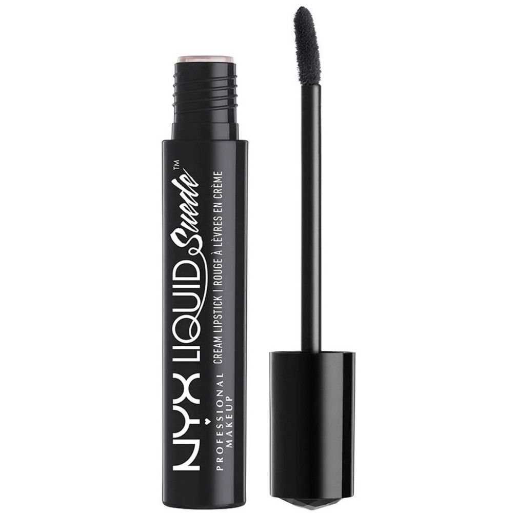 Contenant de rouge à lèvres noir avec applicateur. Inscription : NYX Liquid Suede. Rouge à lèvres crème.