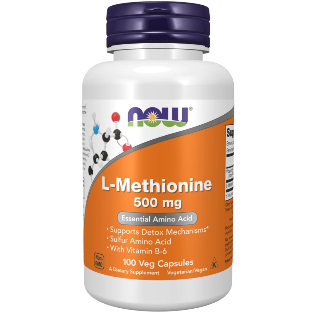 Flacon blanc avec bouchon bleu. Inscription : L-Méthionine 500 mg, Essential Amino Acid, 100 Veg Capsules. Marque : now.