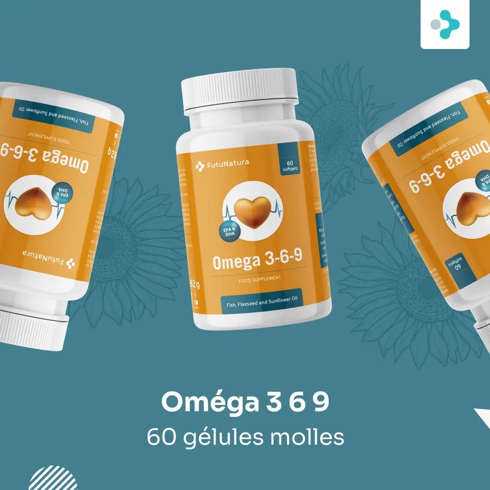 Trois flacons FutuNatura Omega 3-6-9. Étiquettes oranges avec cœur. Sur fond bleu.