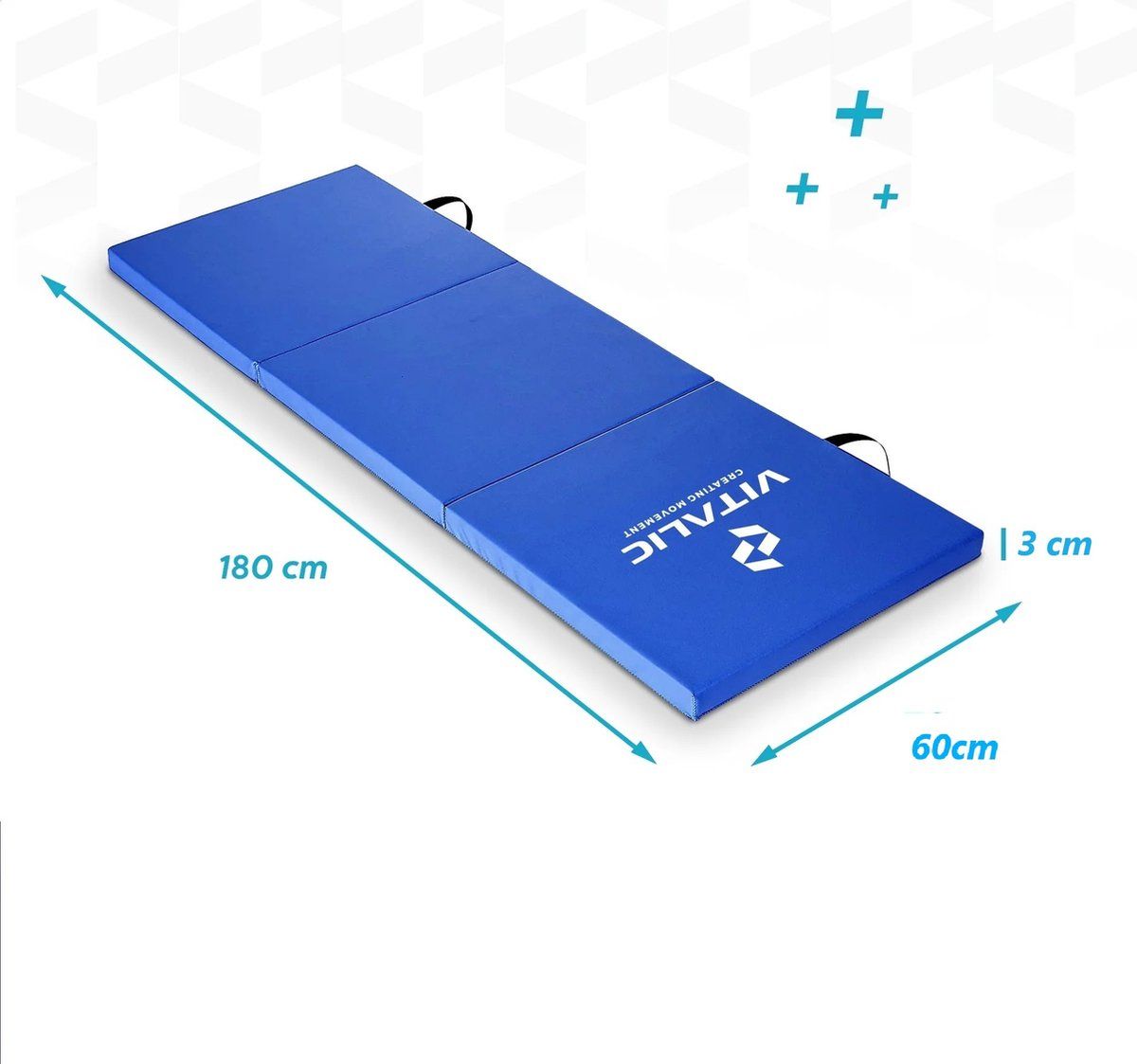 Tapis de yoga bleu rectangulaire, dimensions 180x60x3 cm. Logo VITALIC. Poignées de transport noires.