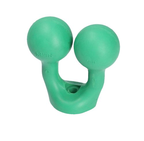 Objet vert avec deux têtes rondes reliées par une tige incurvée. Du texte est visible sur les têtes.
