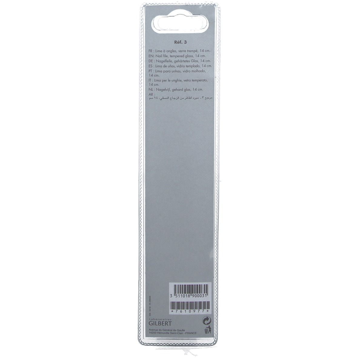 Verpakking van een glazen nagelvijl. Grijze kaart met productinformatie en barcode. Merk GILBERT.