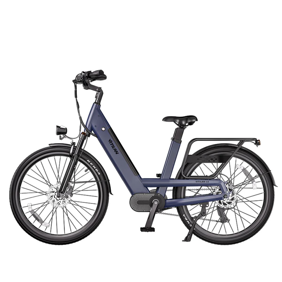 Vélo électrique bleu Vitilan L5 avec porte-bagages et pneus Kenda. Marque et phare visibles.