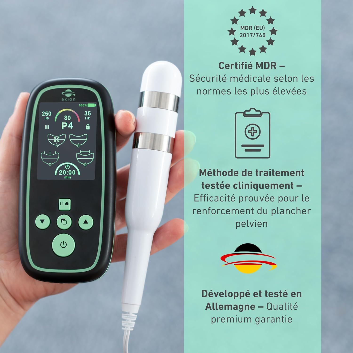 Entraîneur du plancher pelvien axion® I-3000 avec accessoires. Certification MDR. Méthode de traitement testée cliniquement.