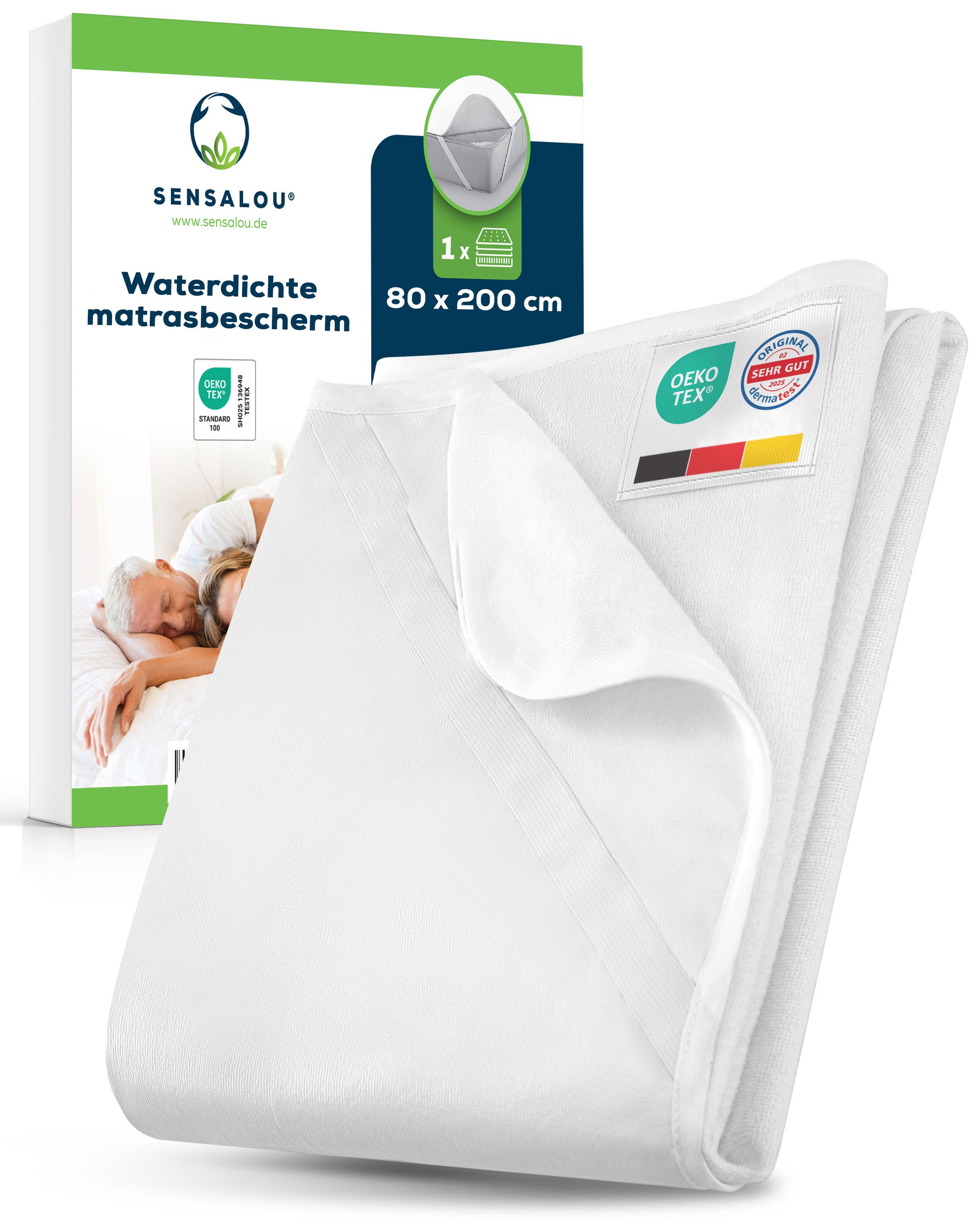 Witte matrasbeschermer. Waterdicht. Beschermt tegen vloeistoffen. Innovatieve membraantechnologie.