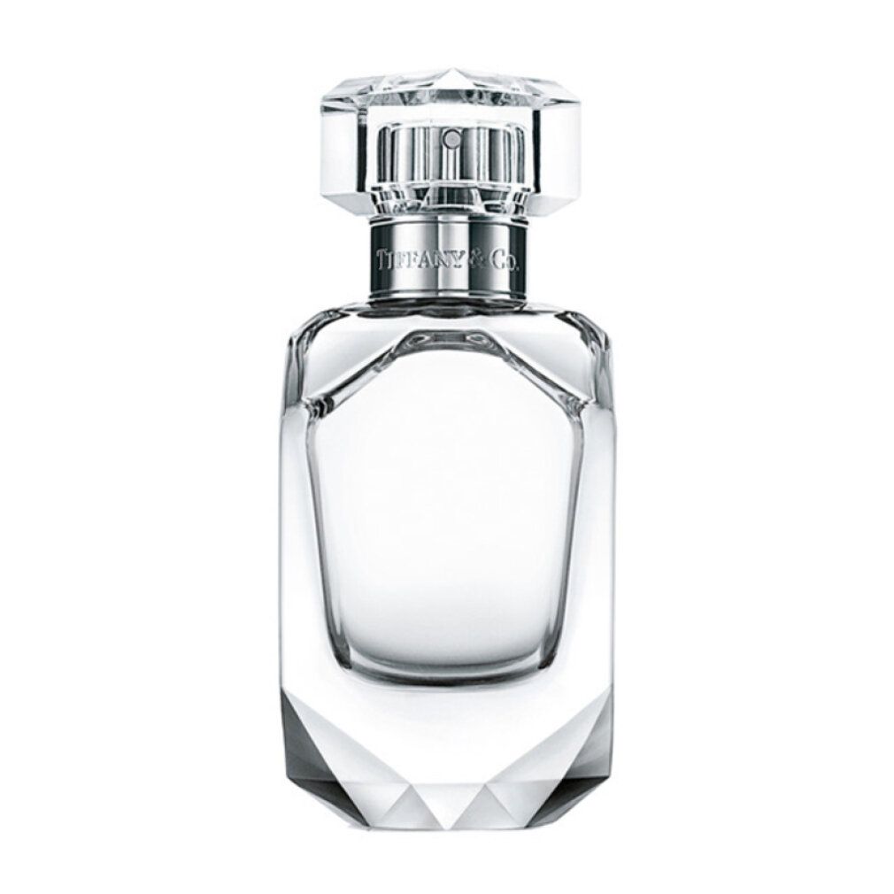 Flacon de parfum transparent, base et bouchon facettés. Col argenté avec inscription "Tiffany & Co.".