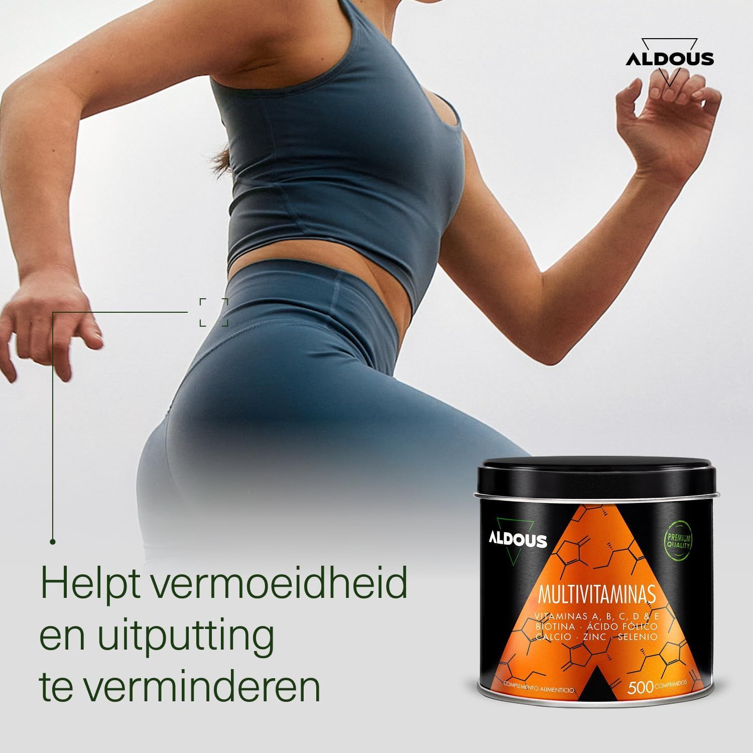 Aldous Multivitaminas blik met 500 eenheden. Oranje design met honingraatpatroon en vitamine-symbolen.