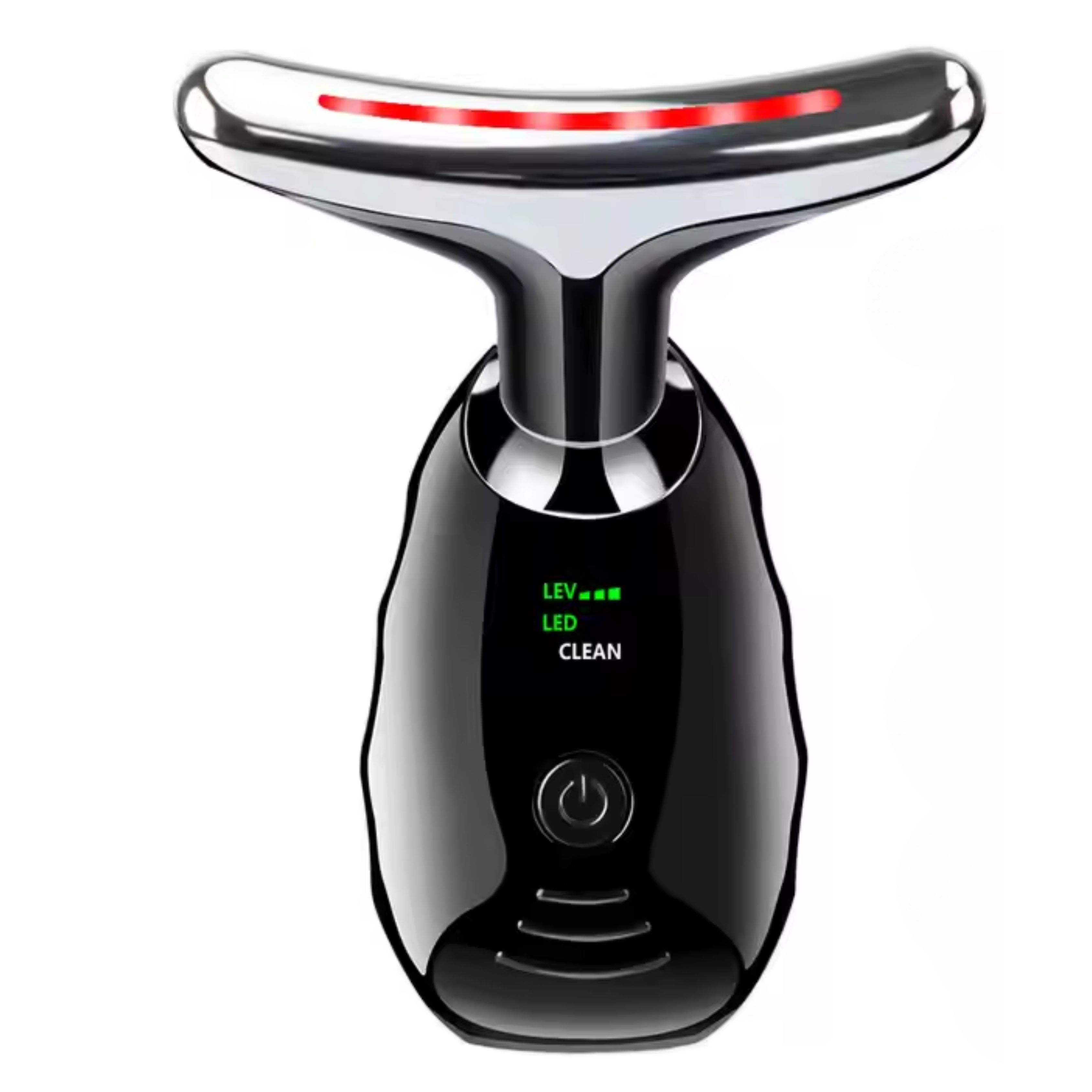 Zwarte gezichts- en nekmassager met zilveren punt en rode LED-indicator. Knop en groene LED-indicator op de handgreep.