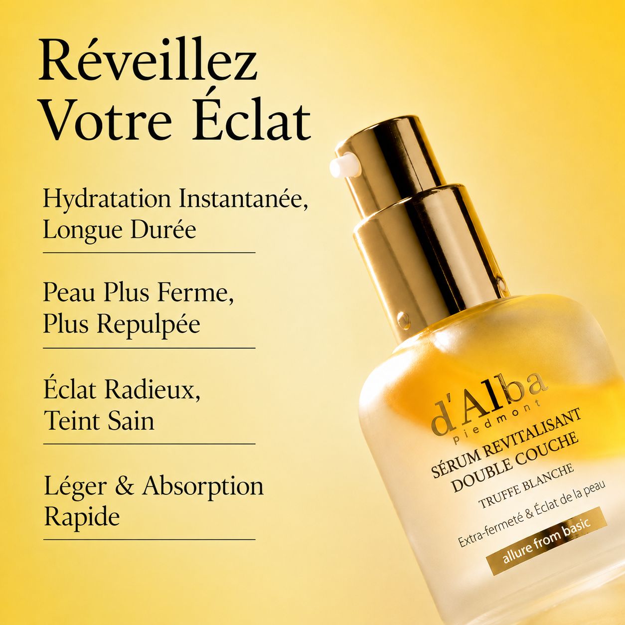 Flacon en verre avec pompe pour un sérum double couche, texte doré.