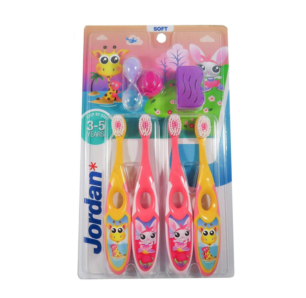 Pack de quatre brosses à dents pour enfants (3-5 ans) avec motifs girafe et lapin.