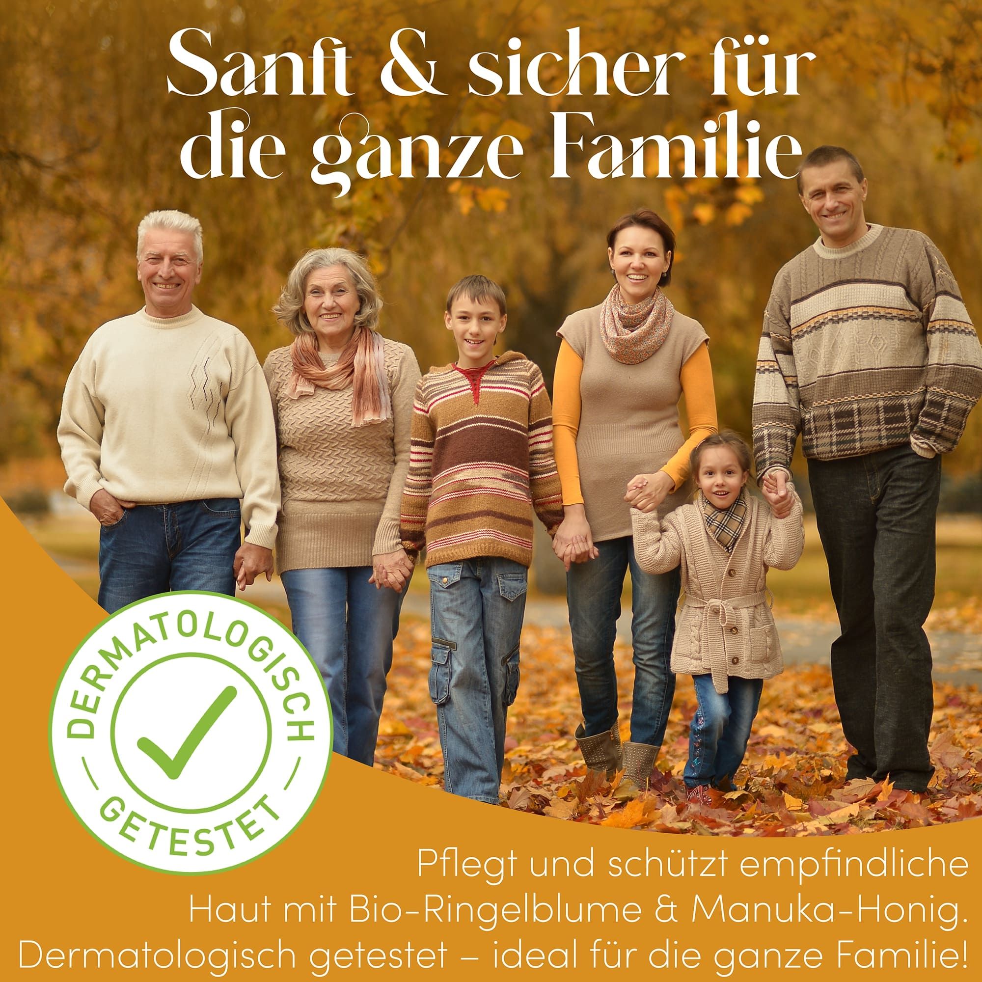 Familie in de herfst. Tekst: Zacht & veilig voor het hele gezin. Dermatologisch getest. Verzorgt & beschermt de gevoelige huid.