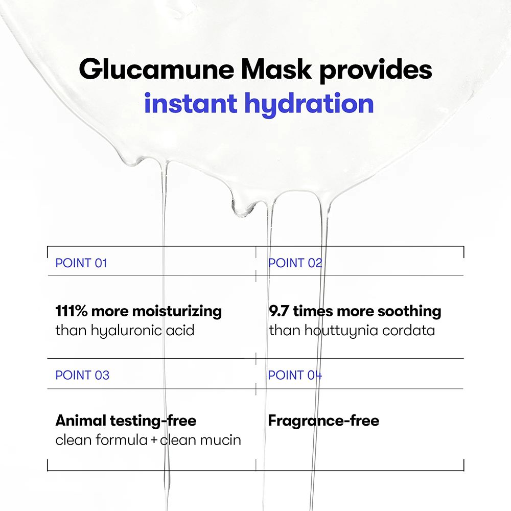 Grafiek met tekst: Glucamune Mask biedt onmiddellijke hydratatie. 111% meer hydraterend dan hyaluronzuur. Dierproefvrij. Geurvrij.