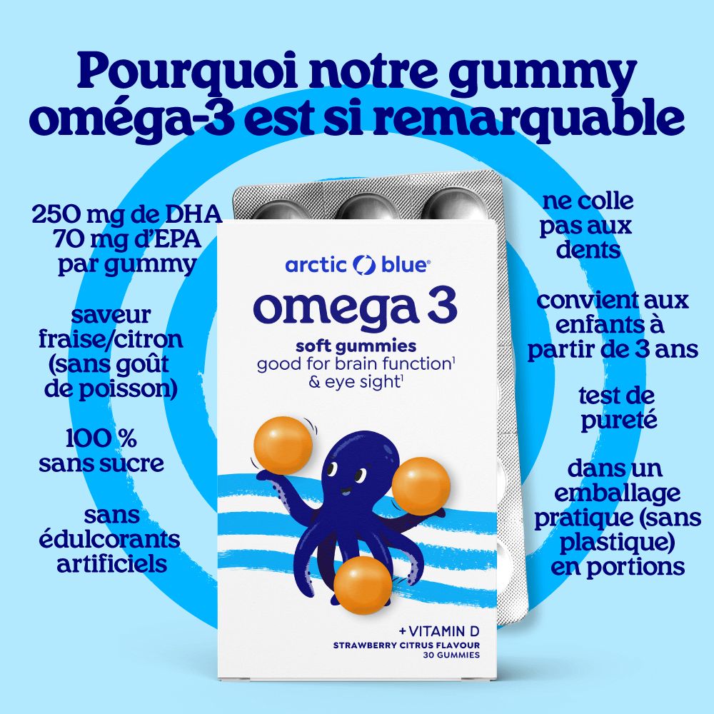 Emballage Arctic Blue Omega-3 gummies avec motif dauphin et quartier d'orange.