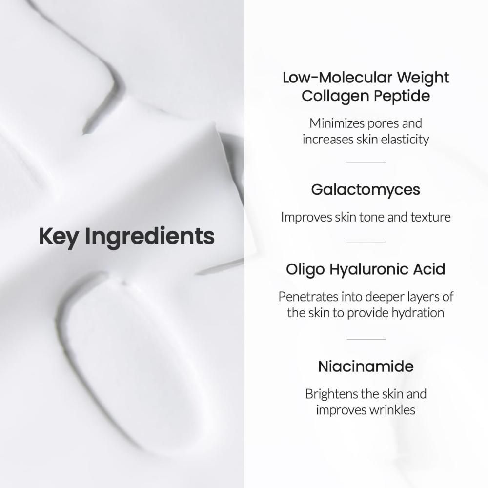 Combinaison texte et image avec ingrédients. Texte : Low-Molecular Weight Collagen Peptide, Galactomyces, Oligo Hyaluronic Acid.