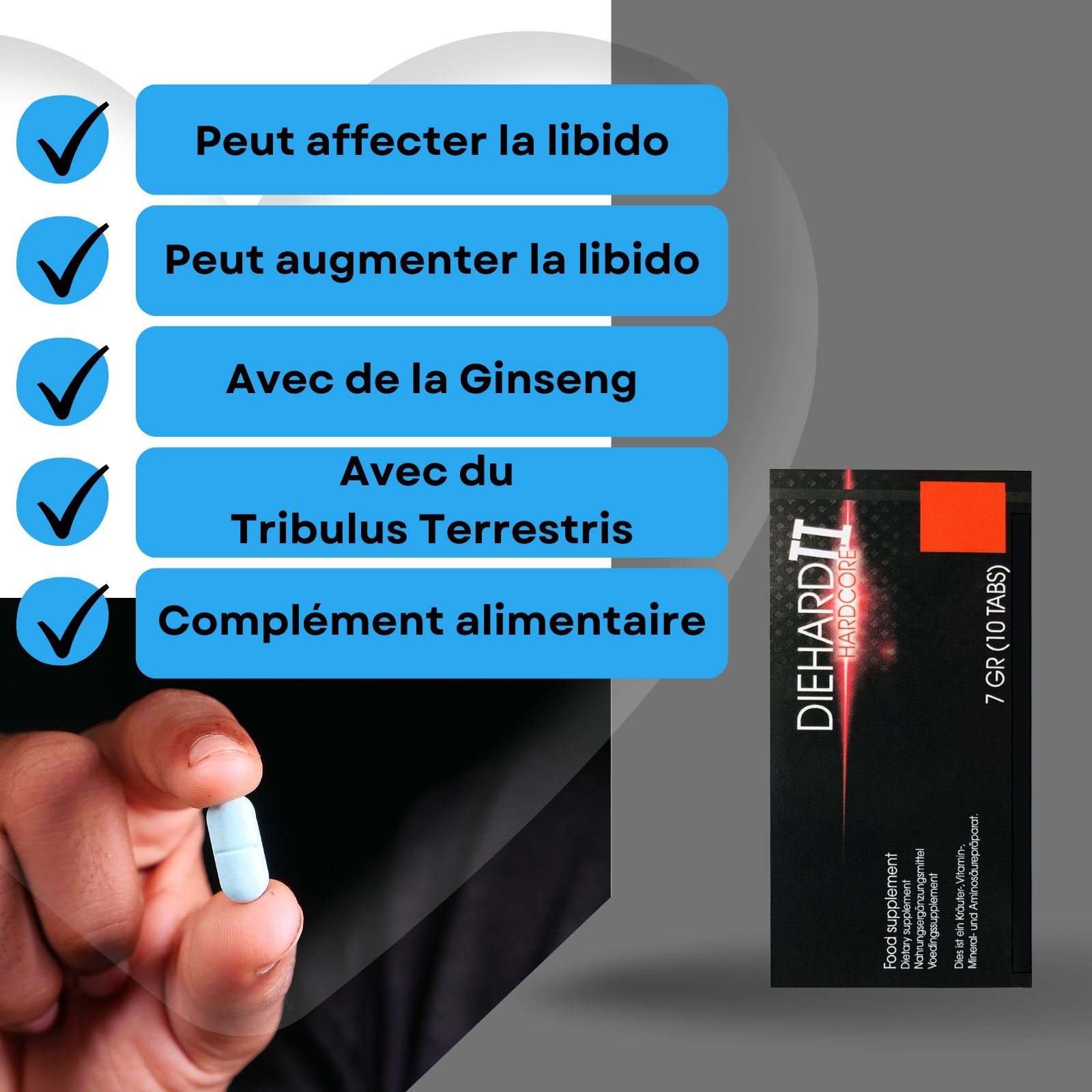 Emballage du produit et comprimé dans la main. Inscription : DIEHARD II HARDCORE, 7 GR (10 TABS).