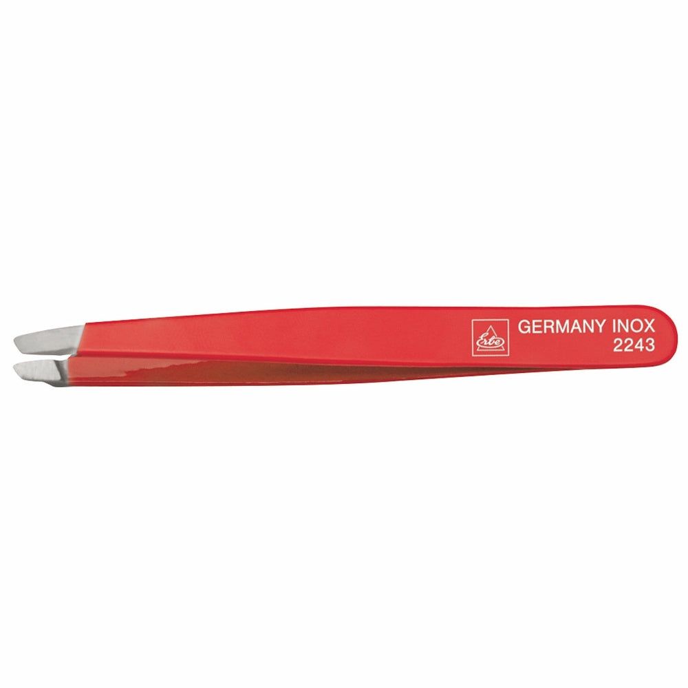 Pince à épiler rouge en acier inoxydable, pointe biseautée, fabriquée en Allemagne.