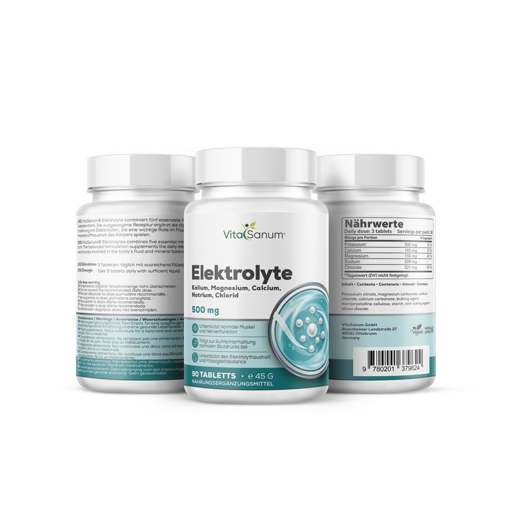 Drie flessen VitaSanum Elektrolyte tabletten. Middenfles: Elektrolyte, 500 mg, 90 tabletten. Groen-witte productafbeelding.