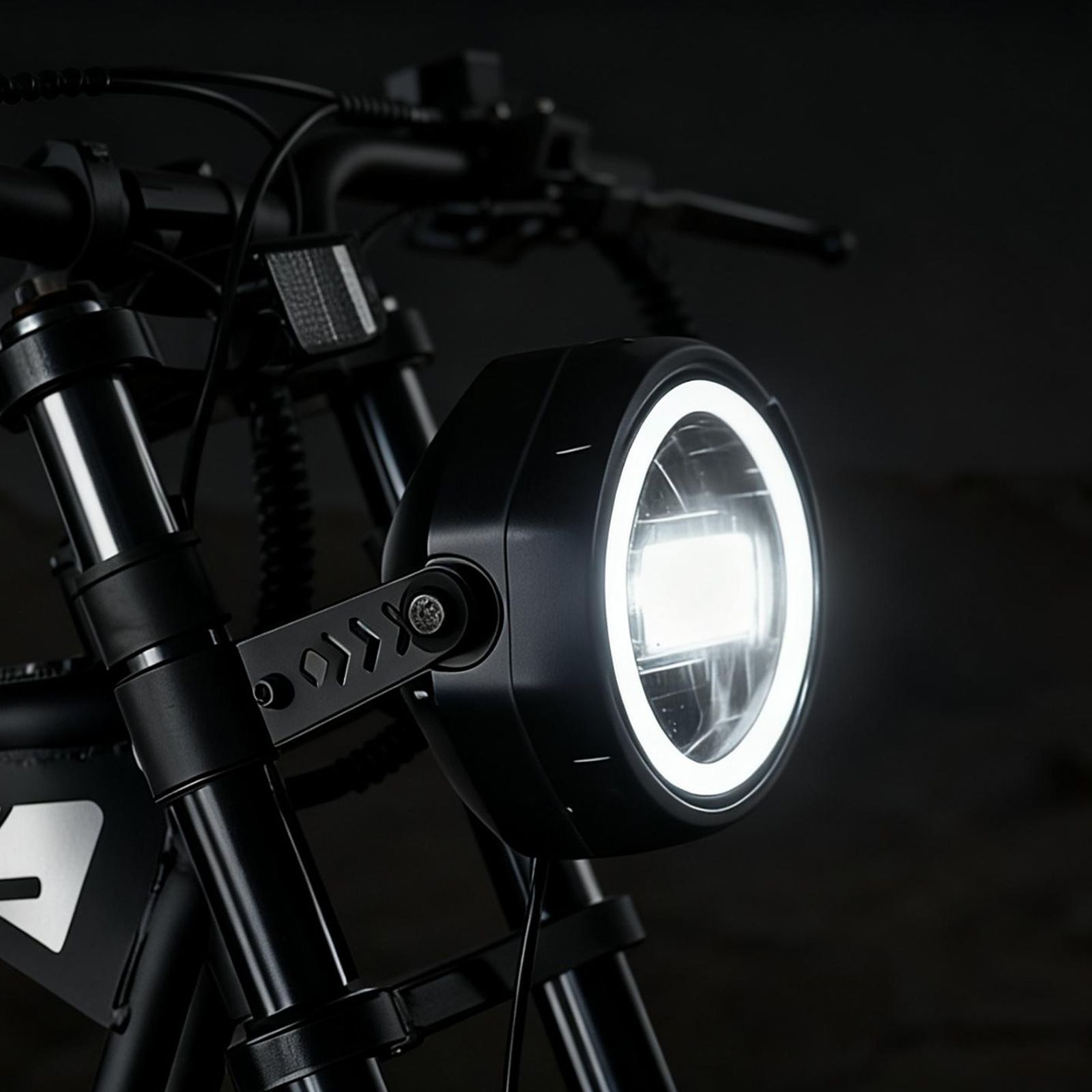 Close-up van de ronde, oplichtende koplamp van een elektrische cargofiets. Zwarte behuizing, wit licht.