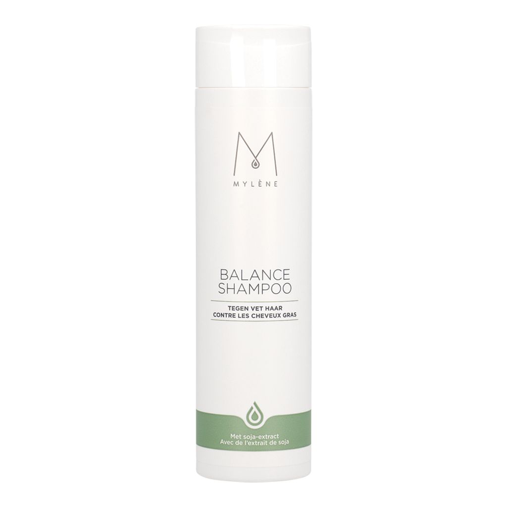 Witte fles Mylène Balance Shampoo tegen vet haar.