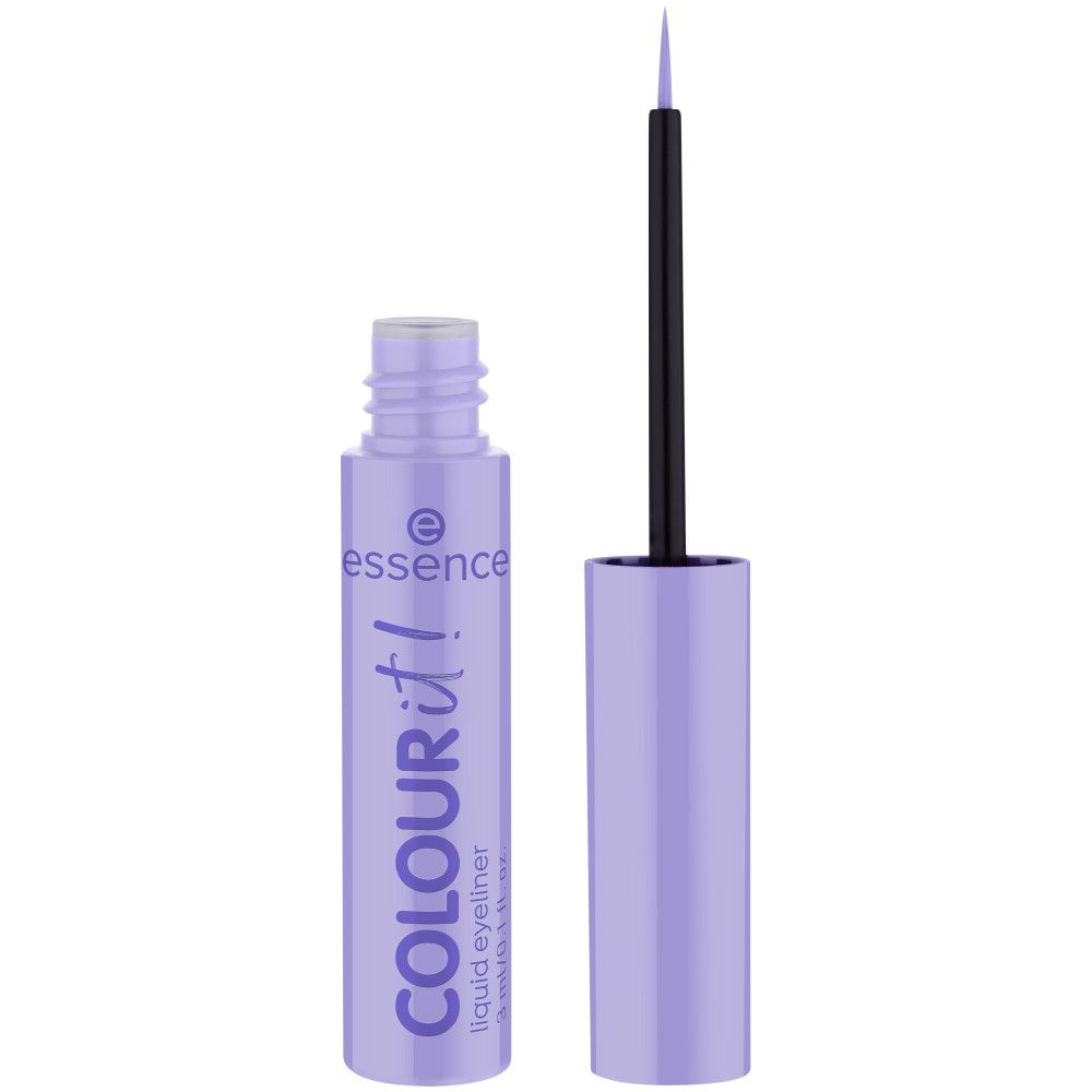 Eyeliner liquide lilas avec pinceau. Flacon et bouchon violets. Pinceau noir. Inscription : Colour it! et essence.
