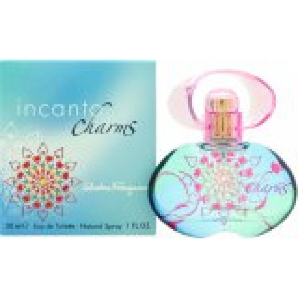 Flacon de parfum et boîte. Flacon rond, bleu-vert avec accents roses. Boîte bleue avec inscription Incanto Charms.