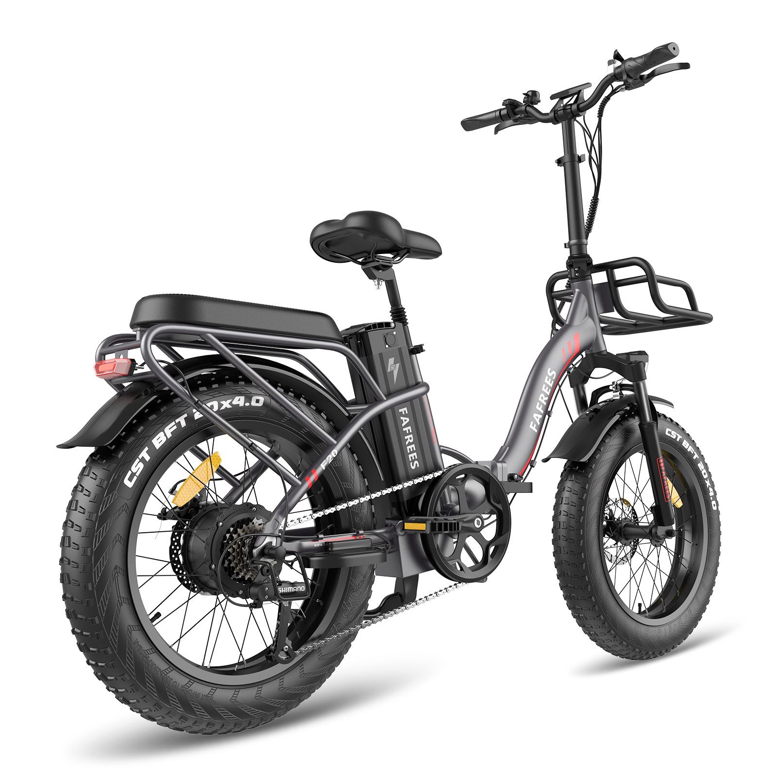 Opvouwbare elektrische fiets Fafrees F20 Max, grijs met rode accenten. Zwarte banden, bagagerek en mand. Merk zichtbaar.