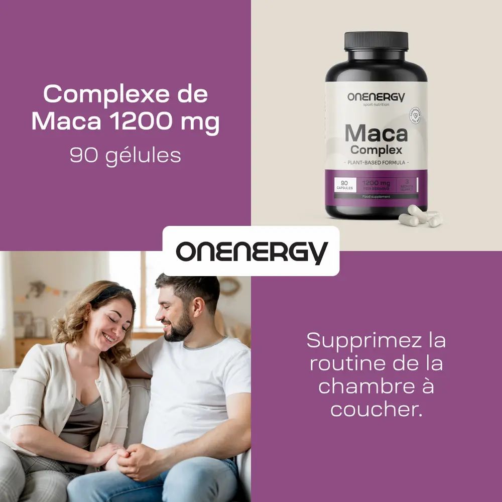 Complexe de Maca 1200 mg, 90 gélules. Couple sur un canapé. Logo OnEnergy. Texte: Supprimez la routine.
