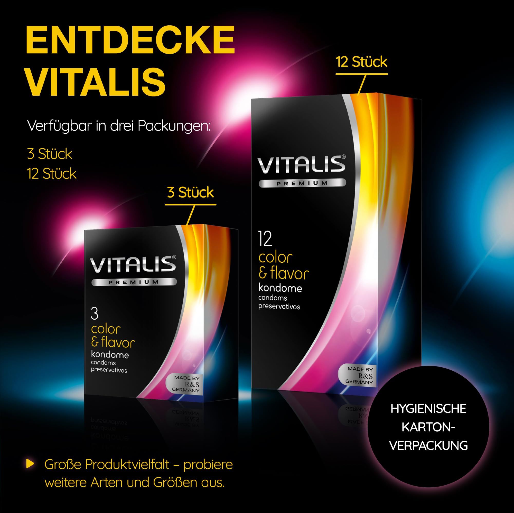 Préservatifs Vitalis Color & Flavor paquets de 12 et 3 pièces.