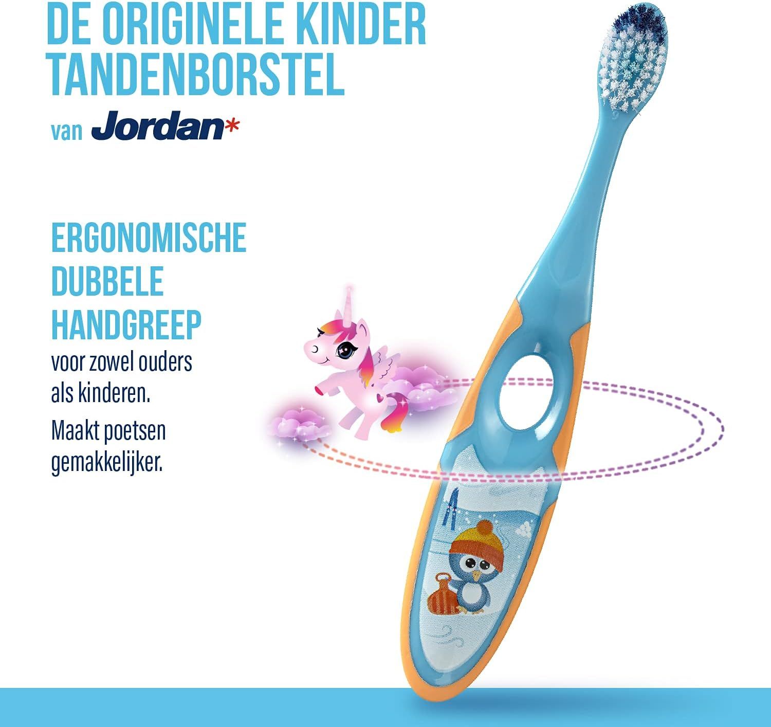 Kinder tandenborstel met pinguïnprint, ergonomische grip en Scandinavisch design.