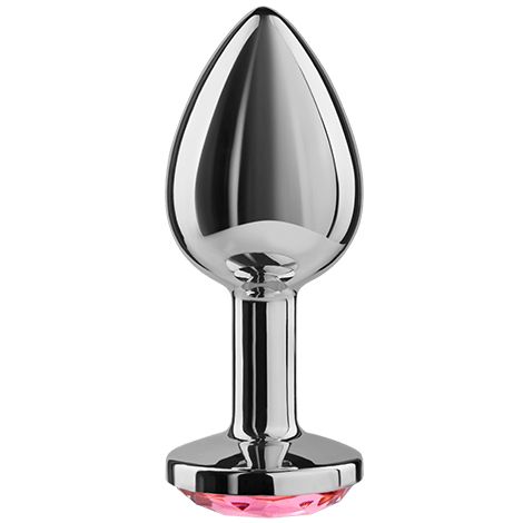 Plug anal en métal avec une forme fluide et une pierre rose facettée à la base.