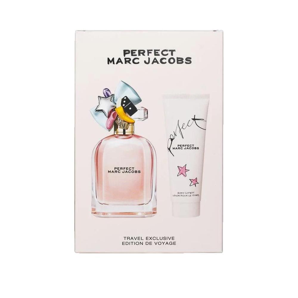 Geschenkset met parfumfles en bodylotion. Fles met kleurrijke versieringen. Verpakking met productnaam en tekst.