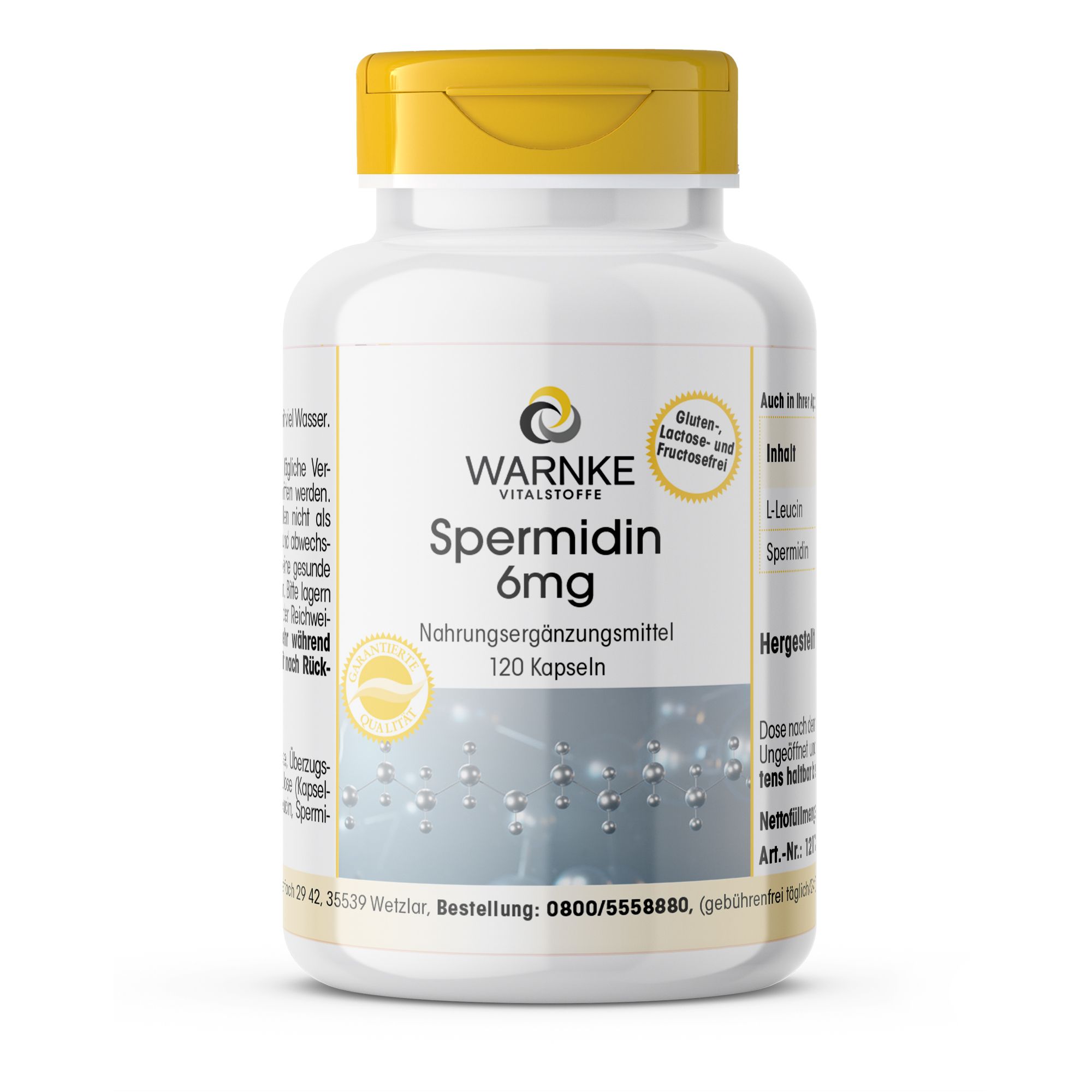 Witte fles met gele dop. Opschrift: Warnke Vitalstoffe Spermidine 6mg. 120 capsules. Voedingssupplement.