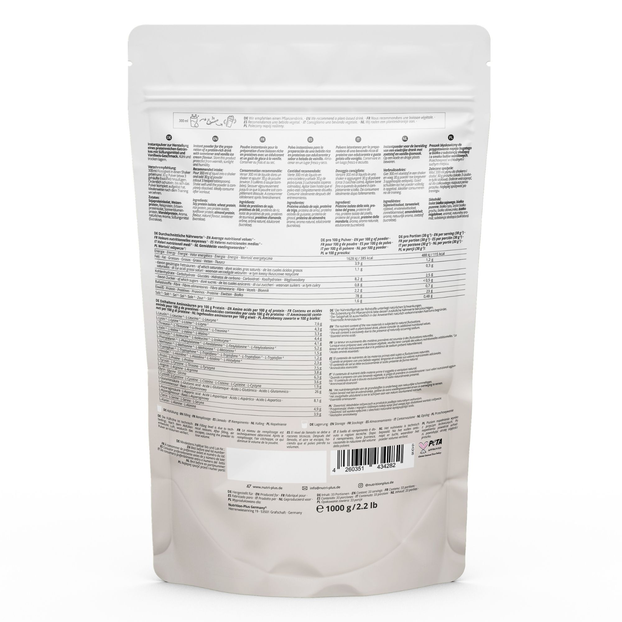 Dos d'un paquet de poudre protéinée nutri+ 6K avec informations détaillées et valeurs nutritionnelles.